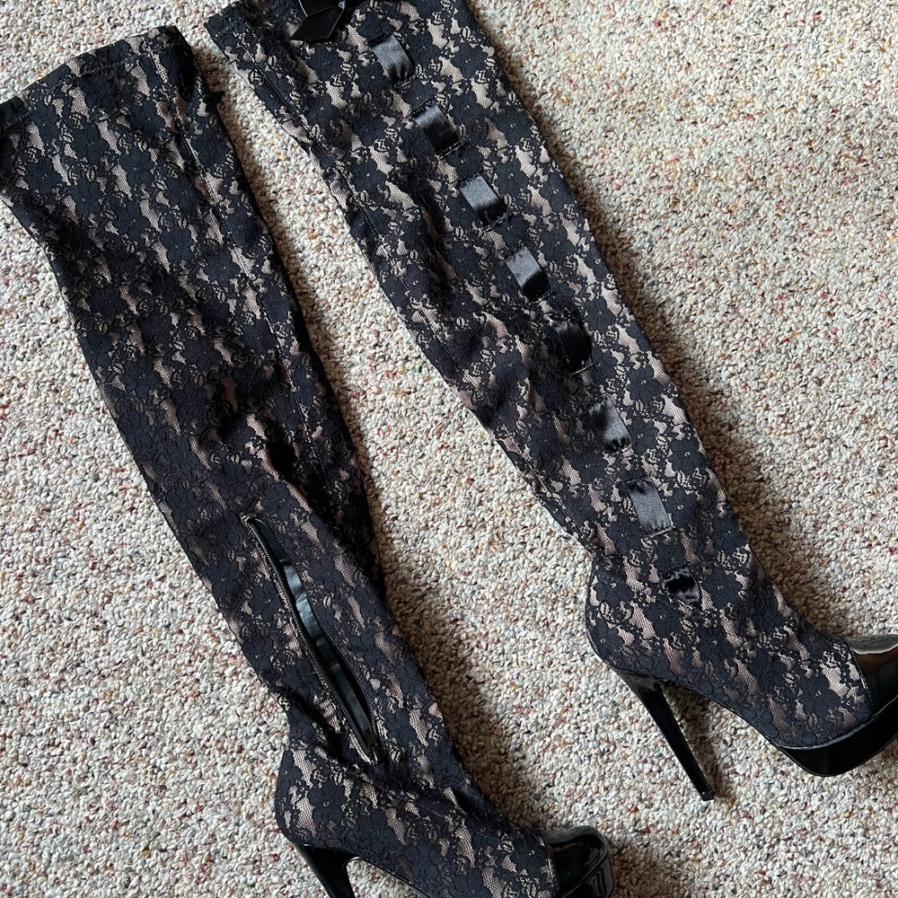 Colin Stuart Black Lace Over-the-Knee Heeled Boots
